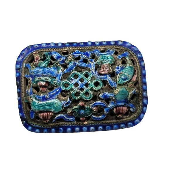 Gilt Chinese Enamel Brooch Gold Plated Front Colorful Design Sterling Silver - Picture 2 of 8